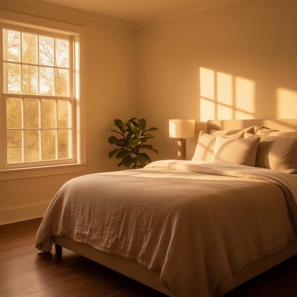 Sunlit transitional housing bedroom